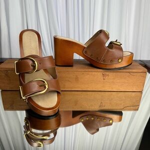 Veronica Beard Hilfax Brown Leather Double-Buckle Clog Heels Women’s Size 6.5